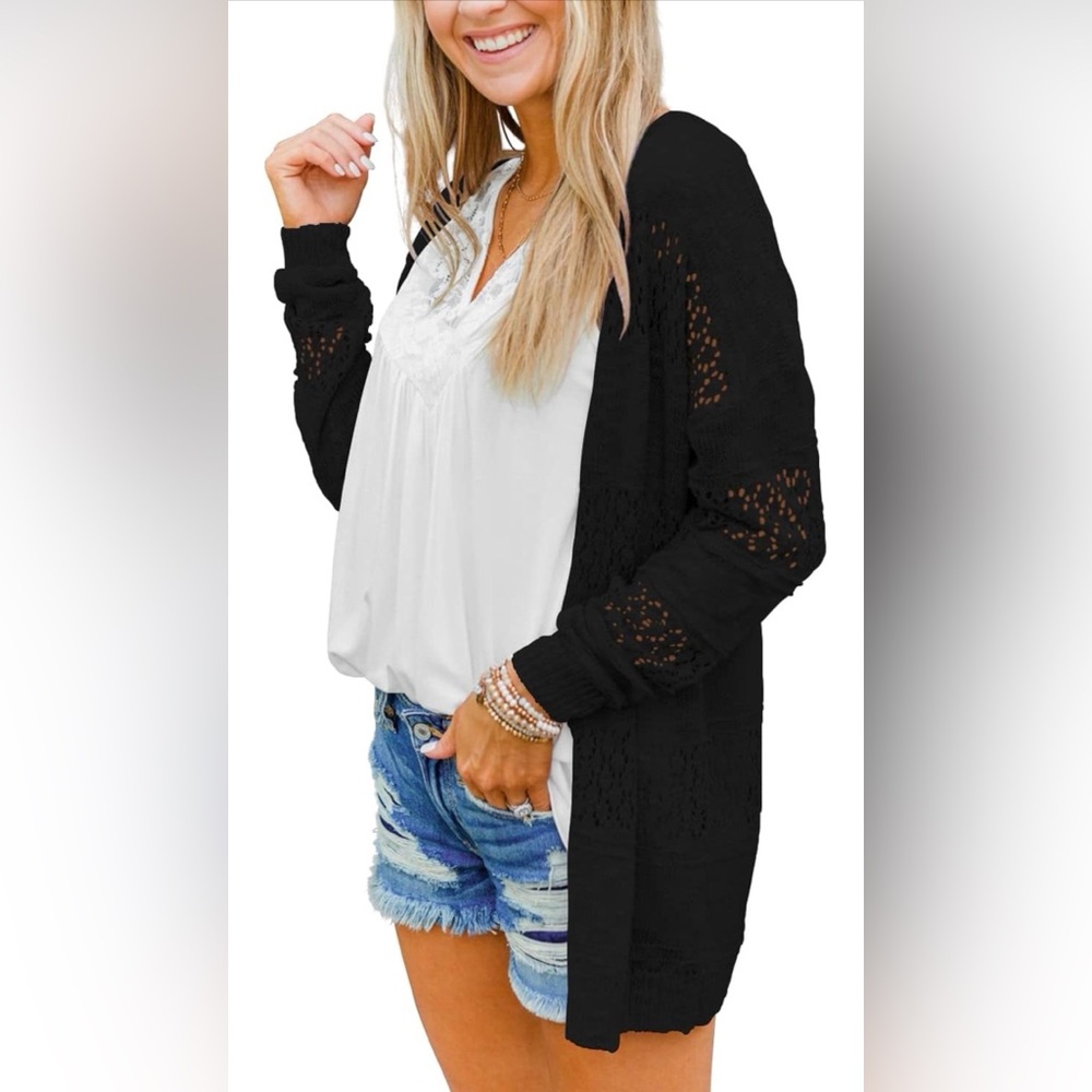 BESFLY Women's Black Open Front Crochet Cardigan Sweater Size Small NWOT